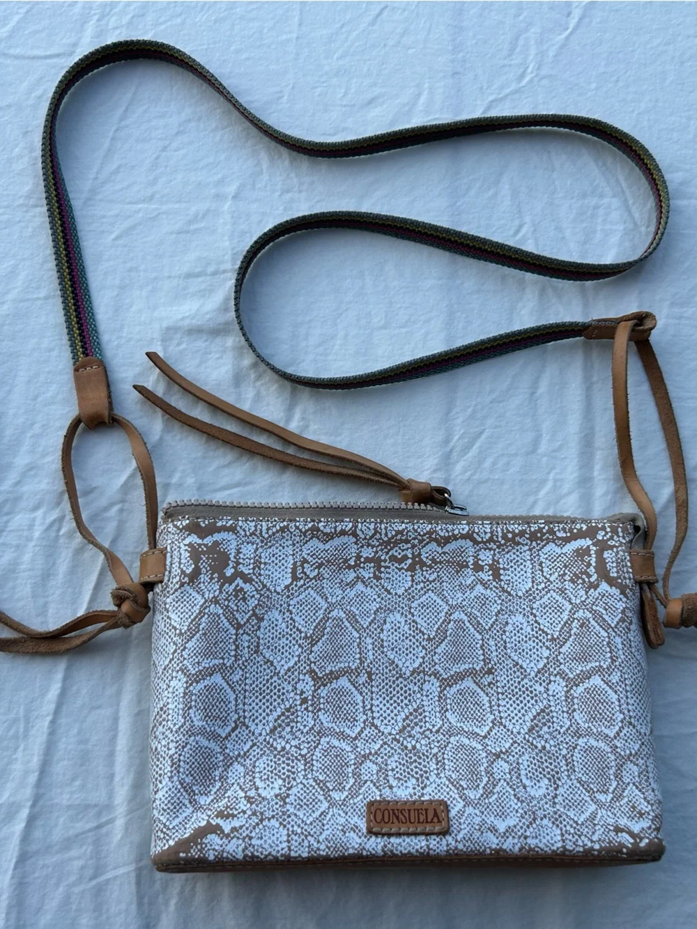 Consuela White and Light Brown Snake-Print Crossbody with Multicolor Strap (146) - Picture 1 of 11